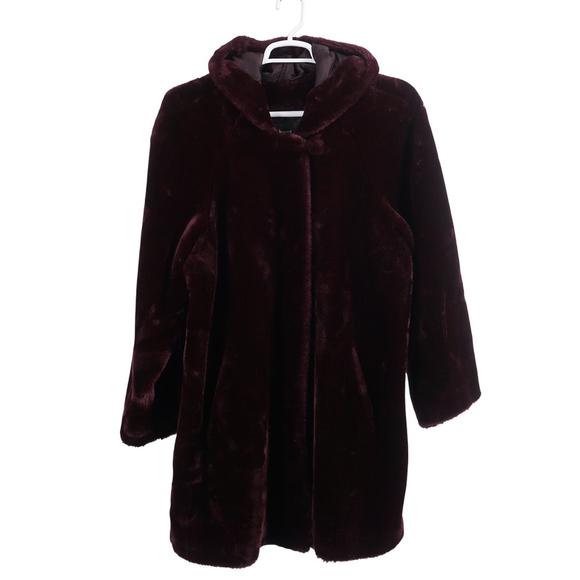 DENNIS BLASSO Coat XL Burgundy Soft Faux Fur Hooded Full Zip Lined Pockets - Picture 1 of 12